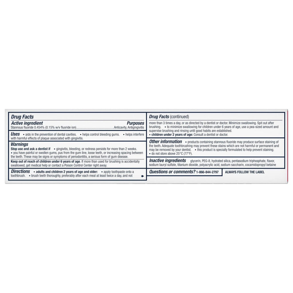 Back of toothpaste box showing drug facts panel and directions for use