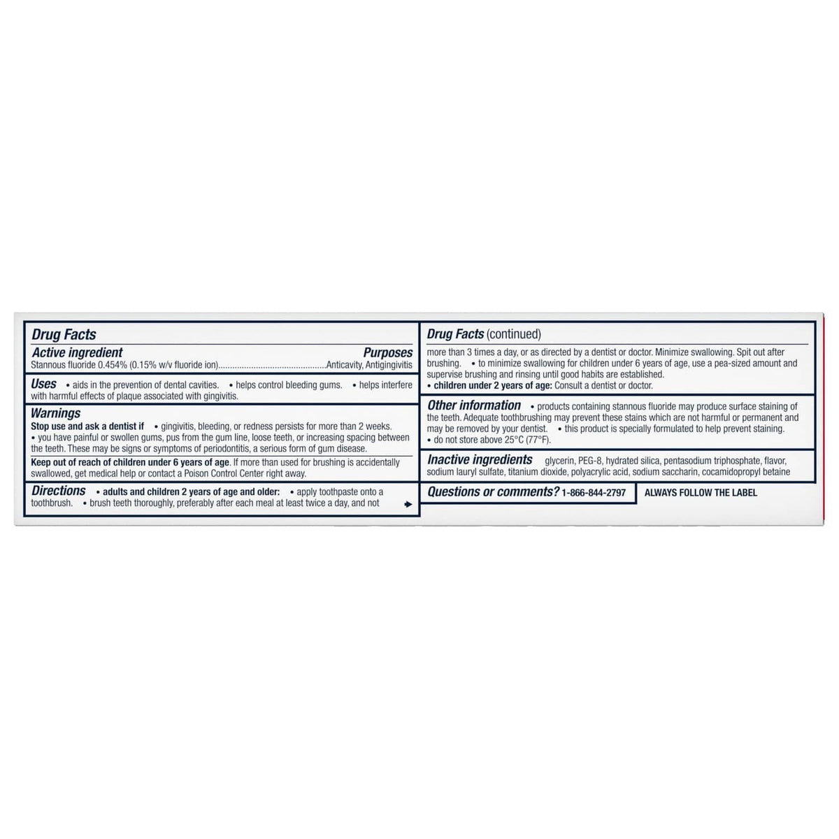 Back of toothpaste box showing drug facts panel and directions for use