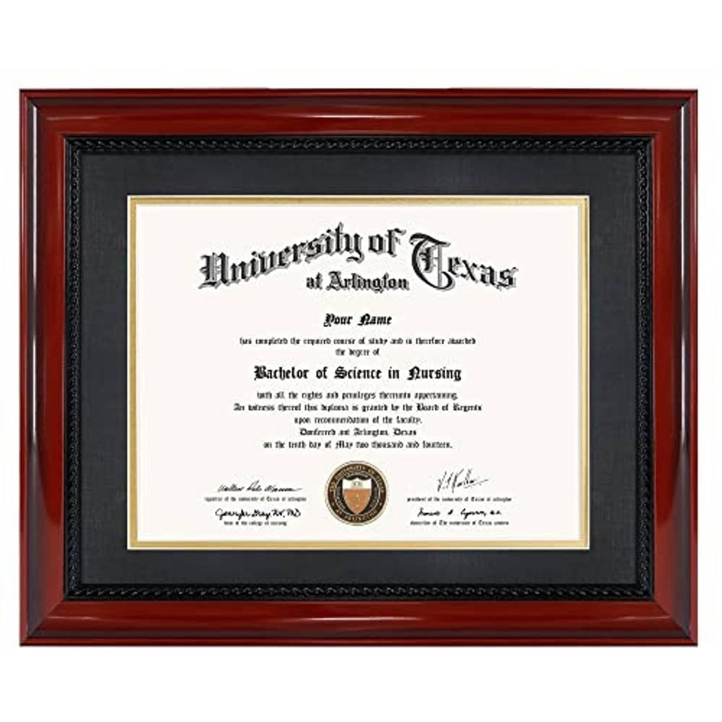 Cherry diploma frame with black mat and cream border, certificate centered