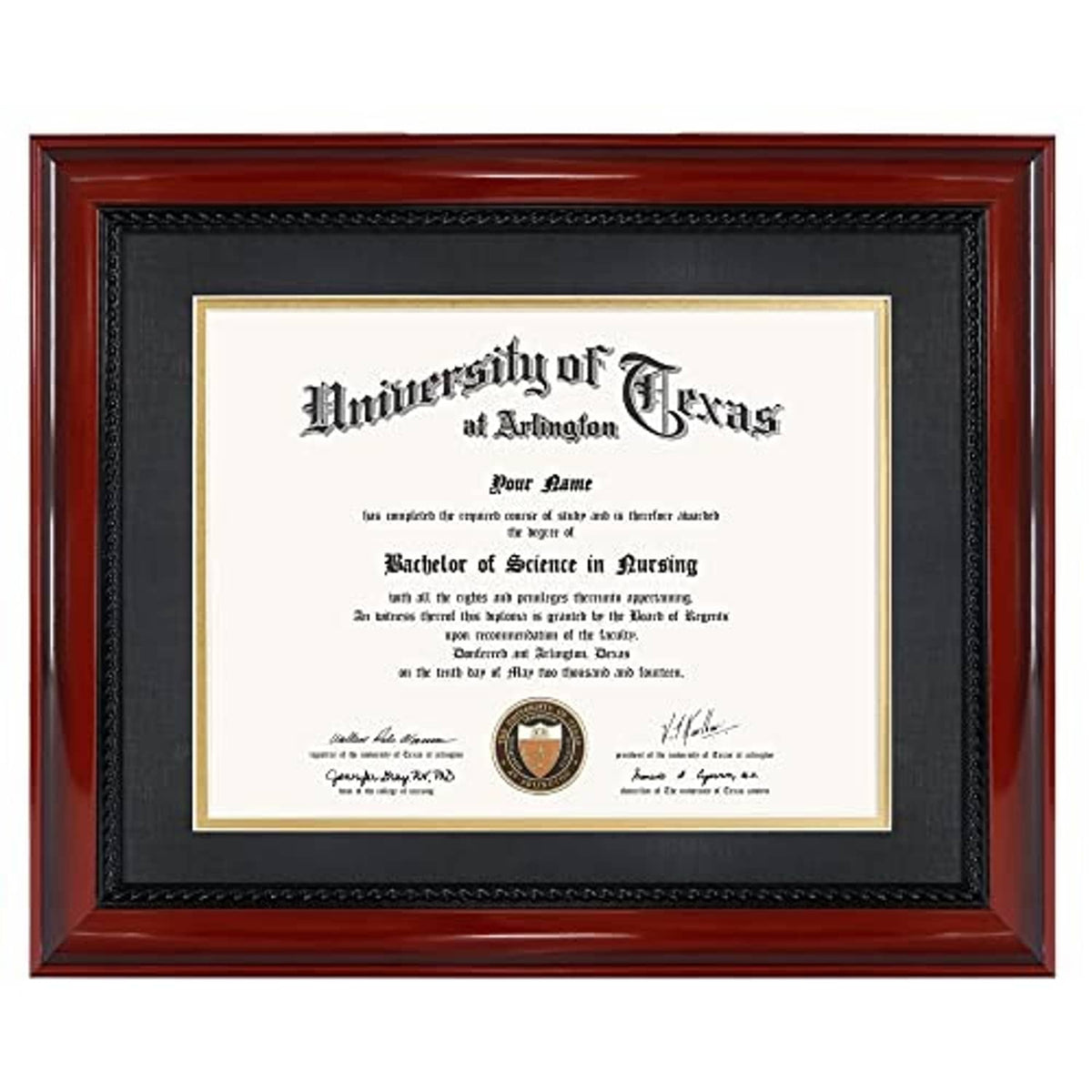 Cherry diploma frame with black mat and cream border, certificate centered