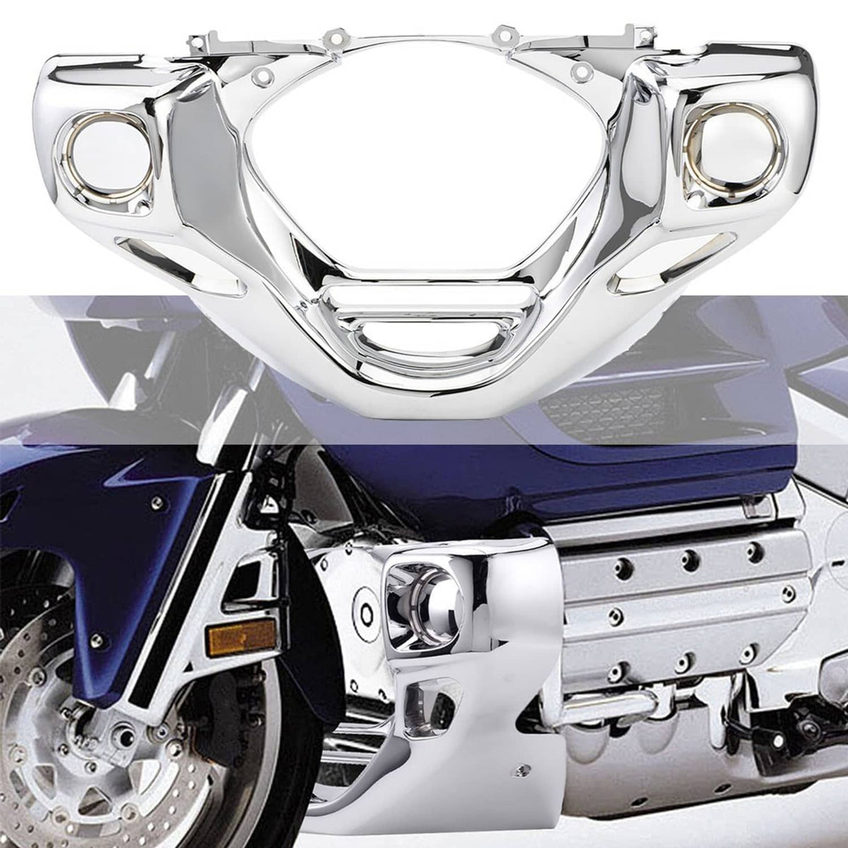 Chrome engine front cowl cover mounted on motorcycle, central round opening