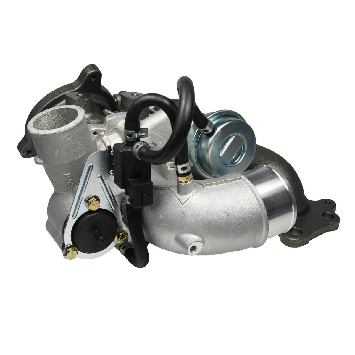 Turbocharger assembly with silver turbo core, cast manifold, and curved inlet elbow.