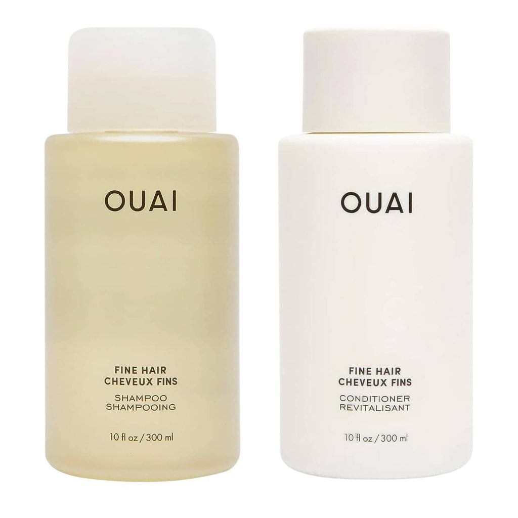 Front view of OUAI fine hair shampoo (amber) and conditioner (white) bottles