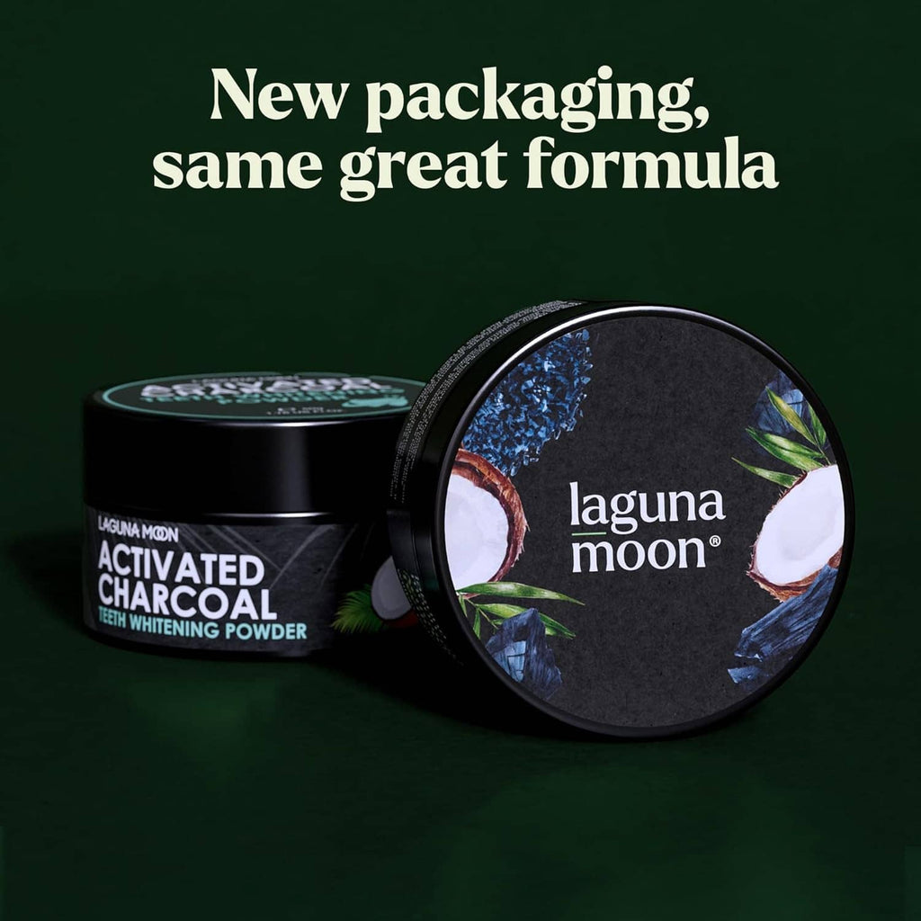 New packaging view of charcoal teeth whitening jar and open tin lid, black and green