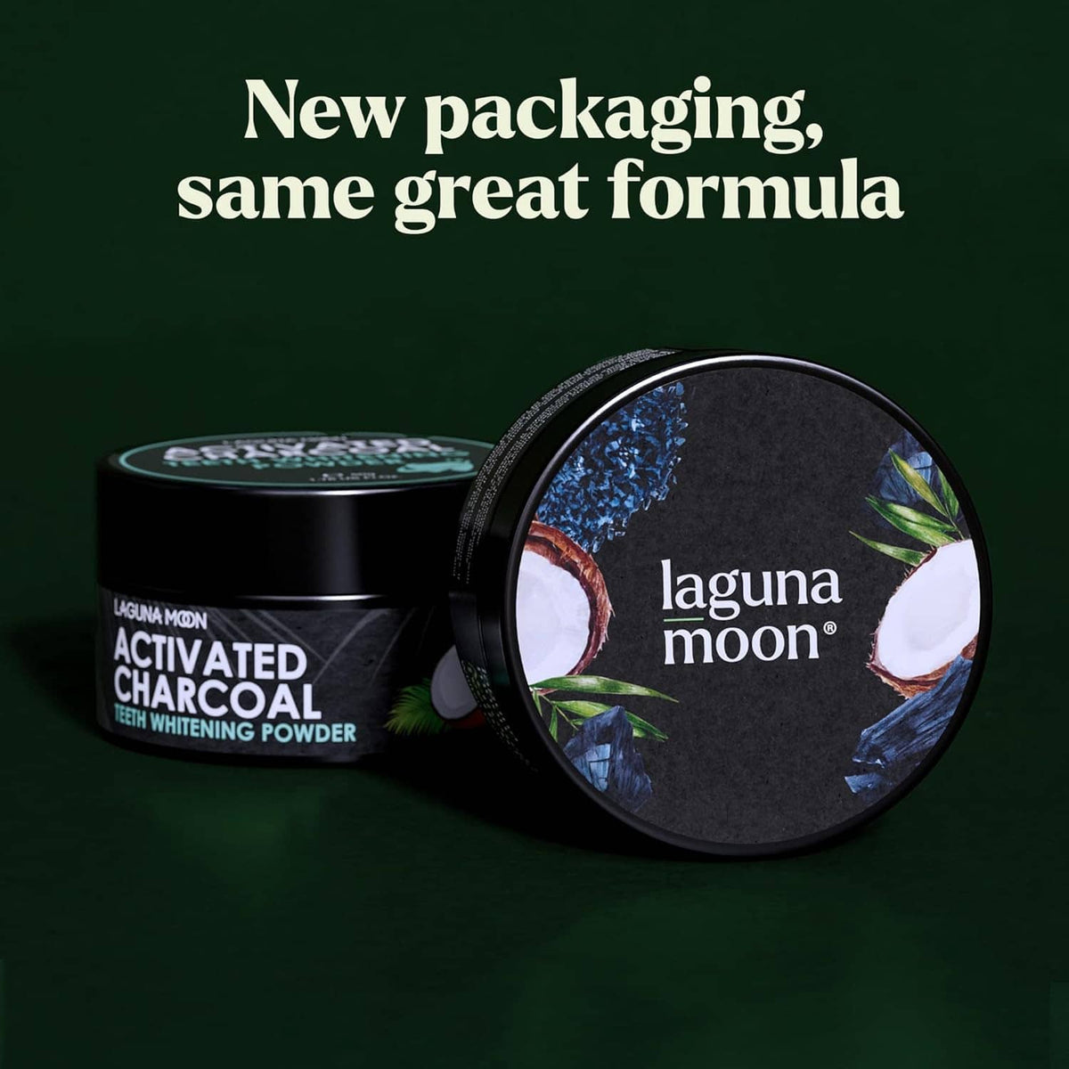 New packaging view of charcoal teeth whitening jar and open tin lid, black and green