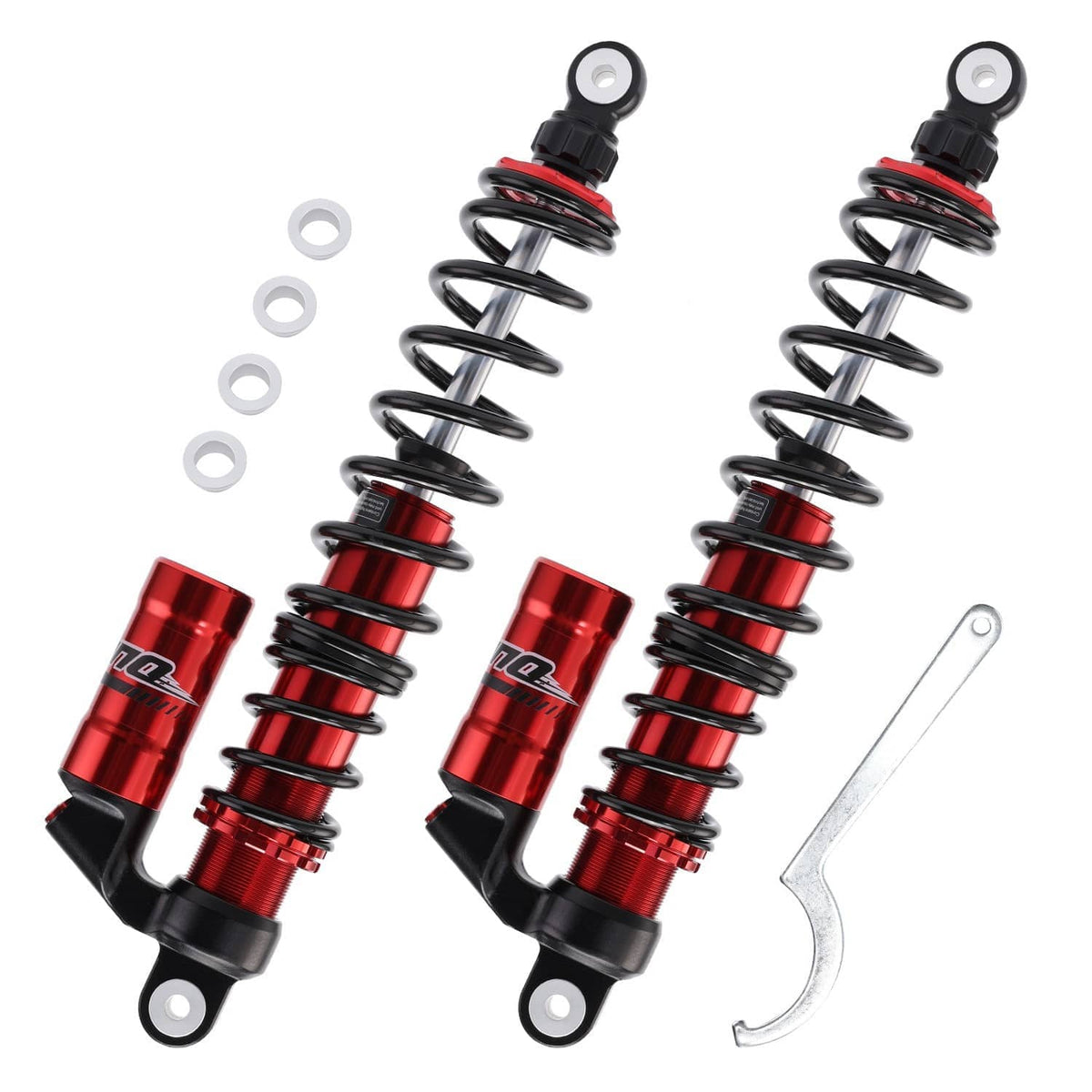 Pair of red rear shock absorbers with black springs plus mounting wrench and washers
