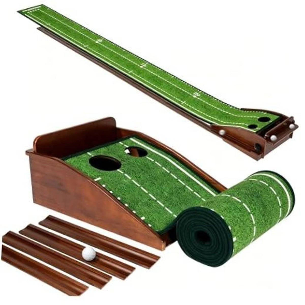 Indoor putting green mat with wooden base, green turf and ball return track