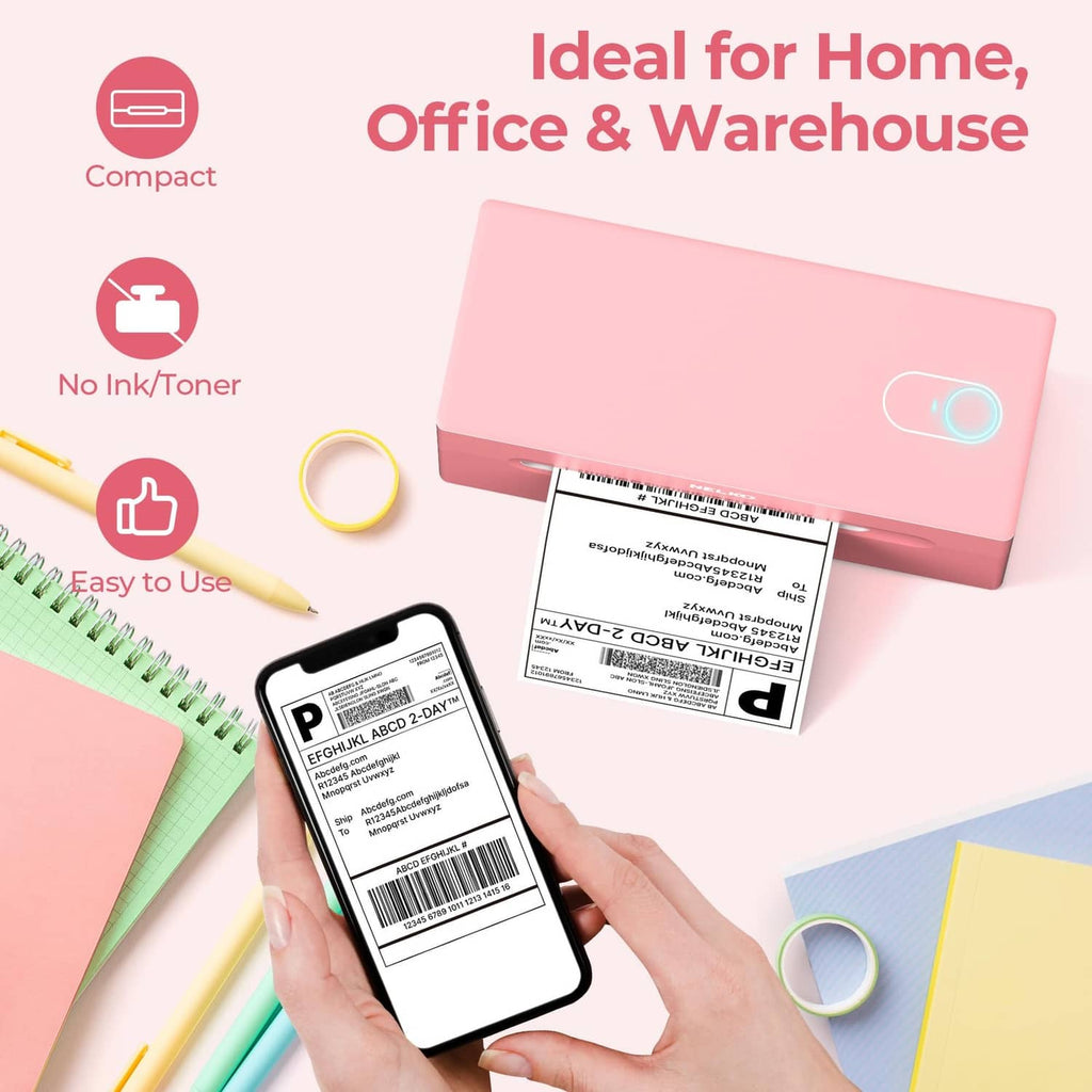 Pink thermal label printer beside a phone holding a 4x6 shipping label