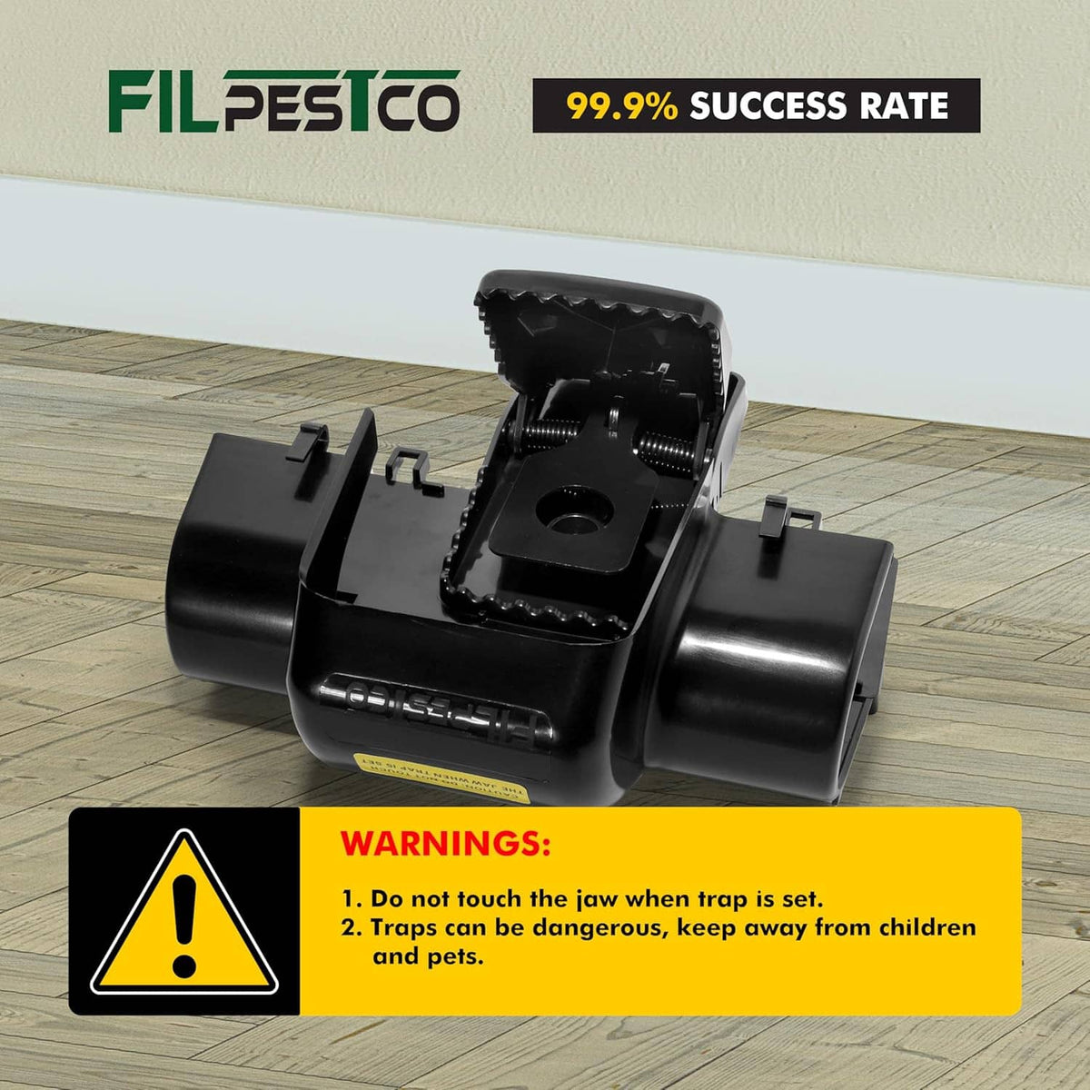 Open black tunnel snap rat trap base with exposed jaw mechanism