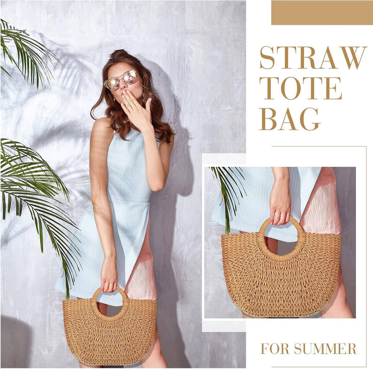 Light brown woven straw tote bag with round handle, held by a woman
