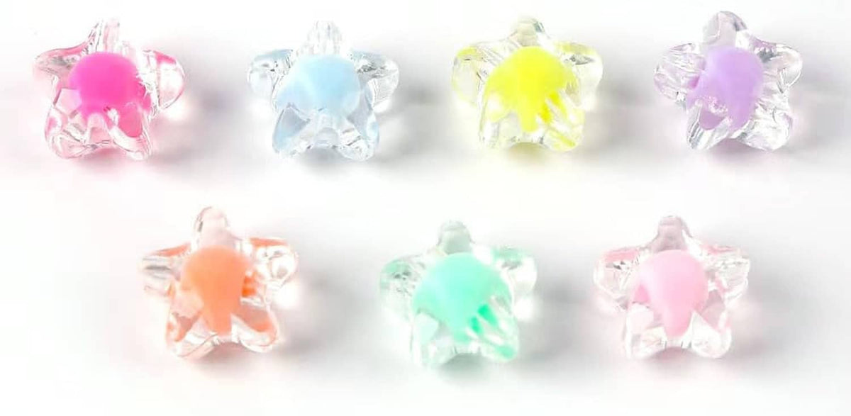 Transparent star beads assortment: pink, light blue, yellow, purple, and mint acrylic