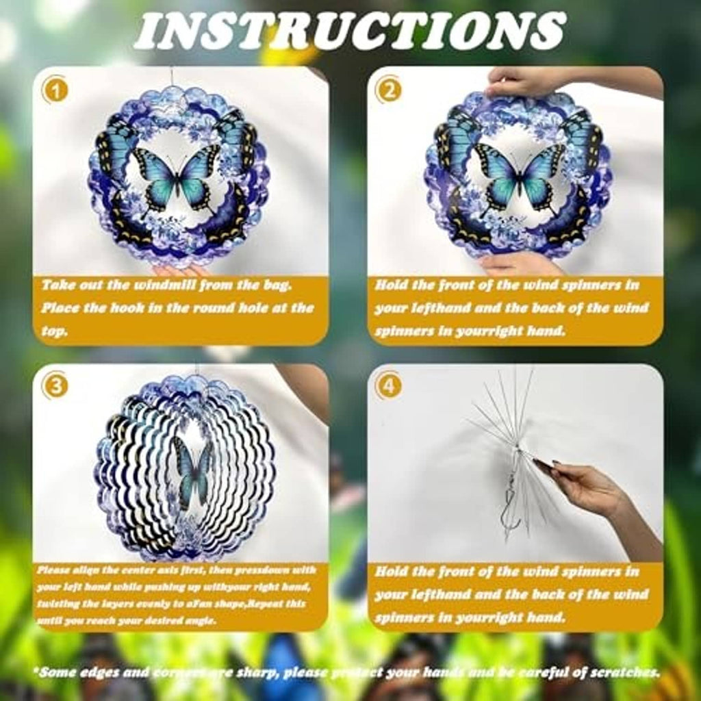 Blue butterfly wind spinner instructions graphic with hook and layered metal ring