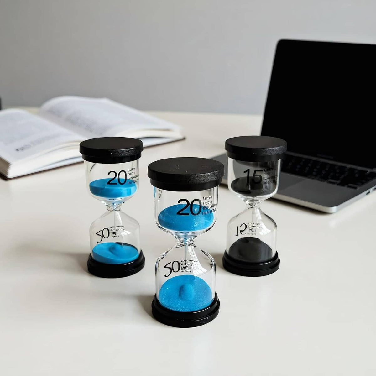 Group of glass sand timers with blue and green sand, black bases