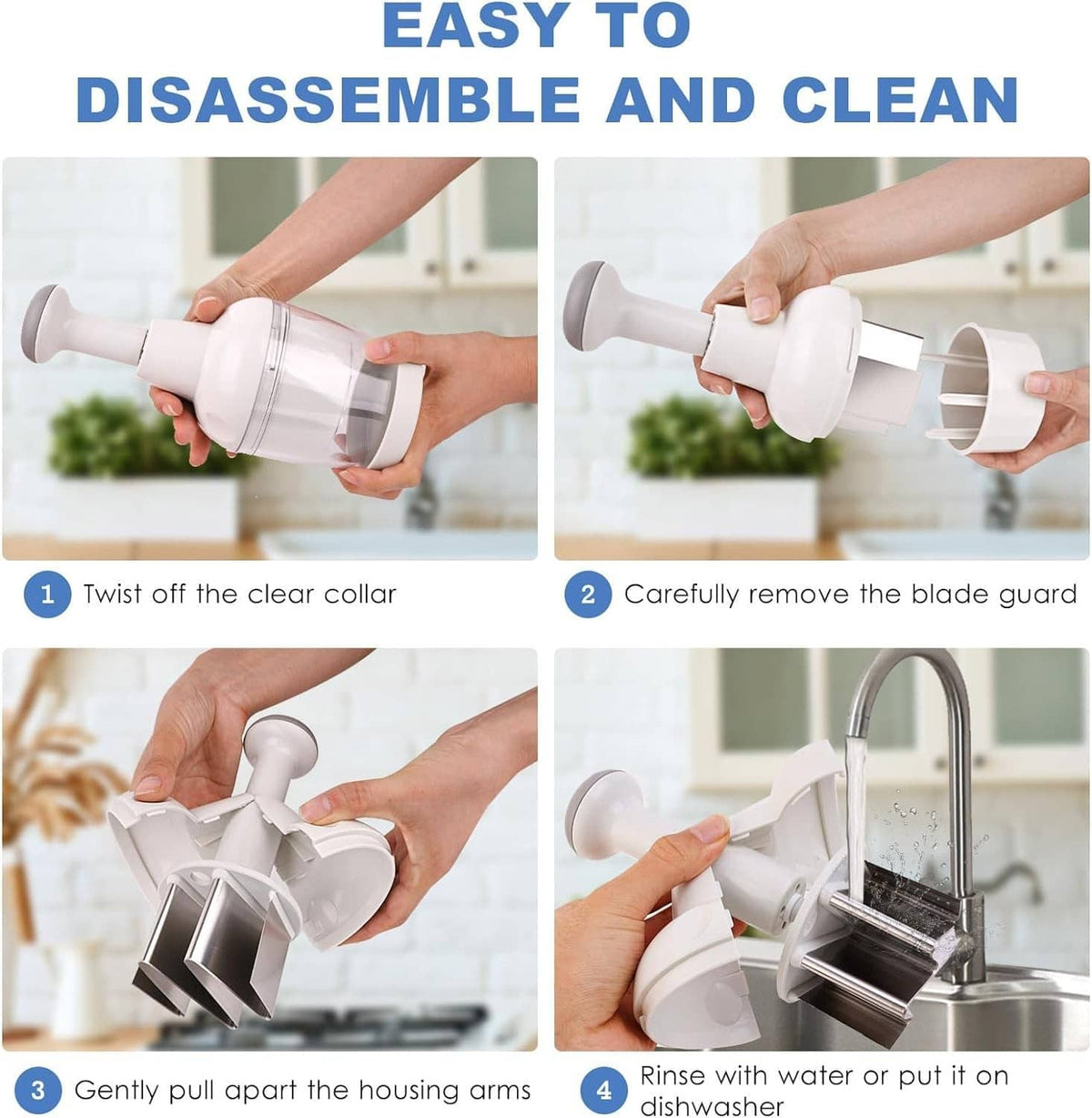 White food chopper disassembled: blade guard and housing arms