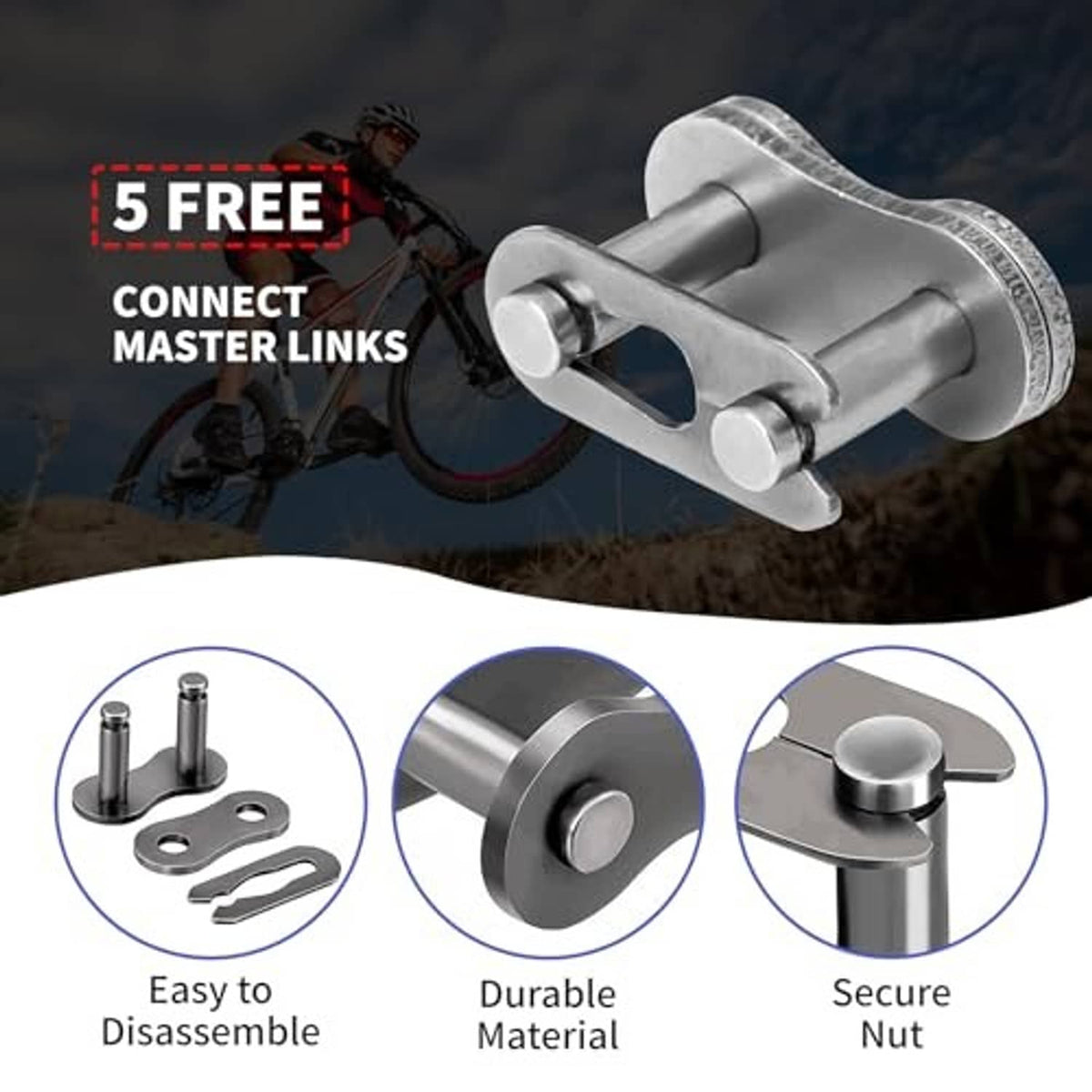 Motorcycle chain master link connector and chain breaker tool, silver metal parts