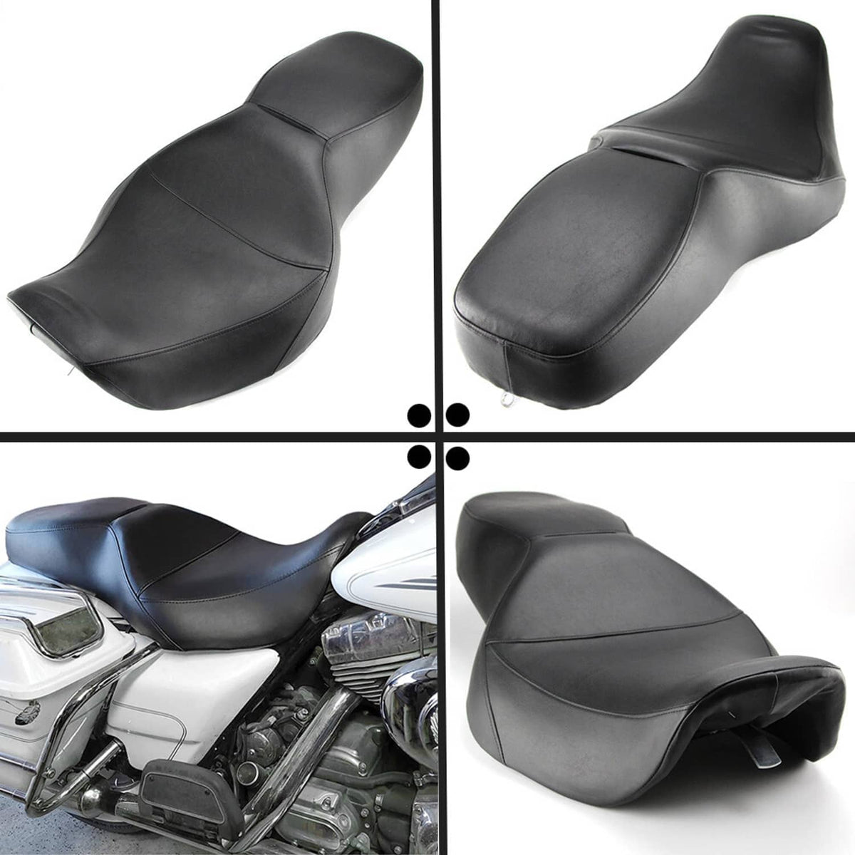 Black motorcycle seat shown from multiple angles with stitched seams and contoured profile