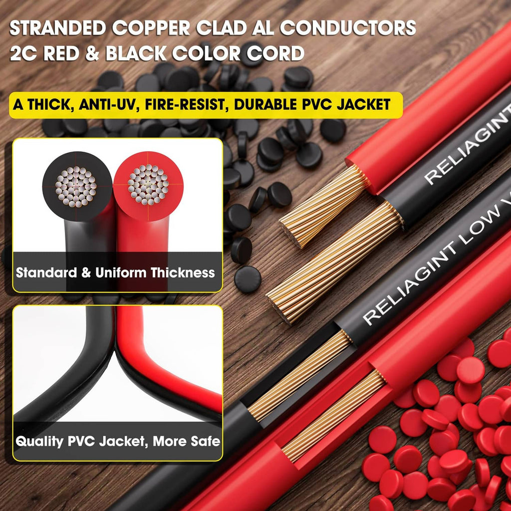 Two-conductor red and black low-voltage cable with copper-clad strands