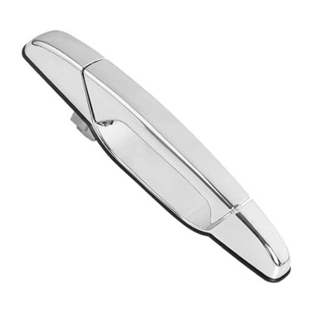 Chrome exterior door handle with black trim and curved finger recess.