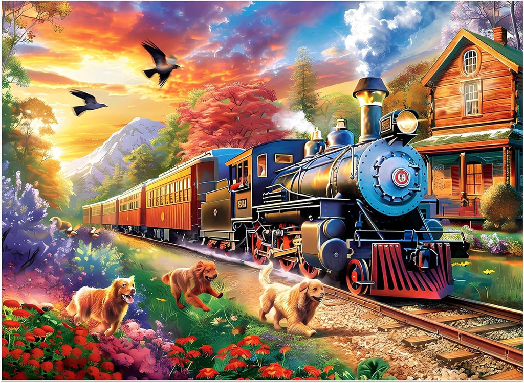 Dog-themed train jigsaw puzzle illustration with flowers, birds, and a steam locomotive