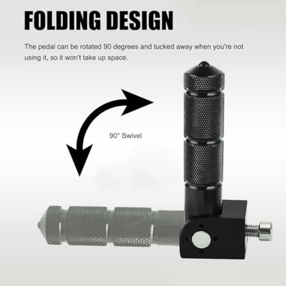 Foldable motorcycle foot peg with textured black 90° swivel design and black mount