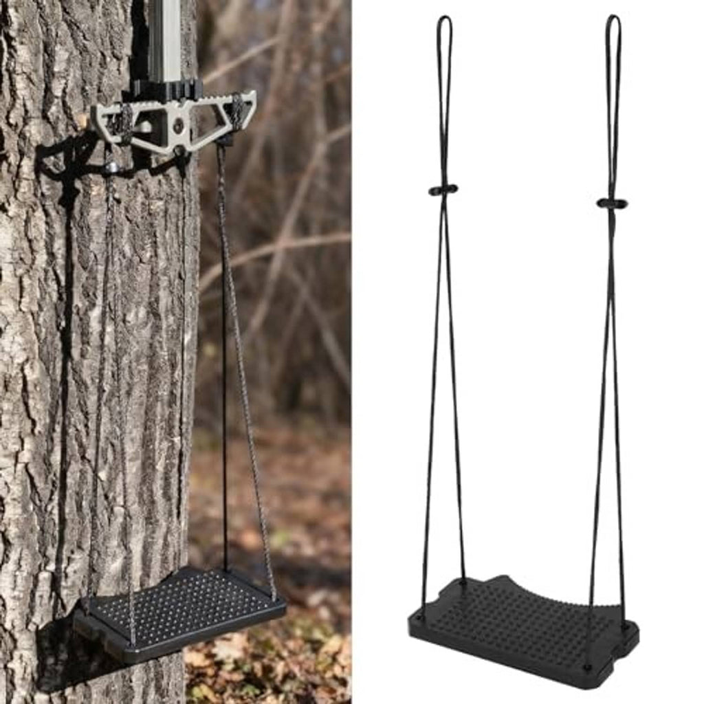 Black non-slip single-step tree climbing aider footplate with two hanging ropes