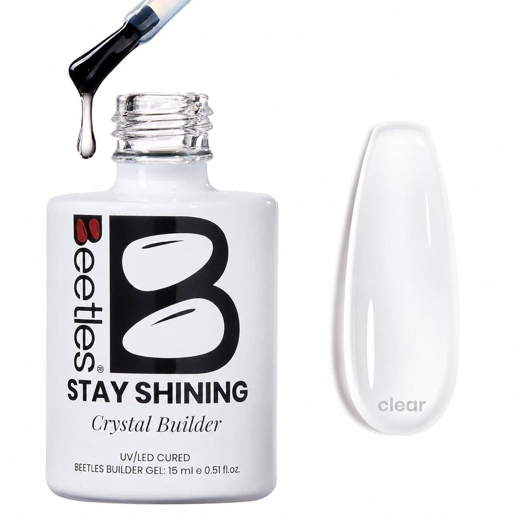 Clear nail builder gel bottle with dripper and glossy clear nail swatch