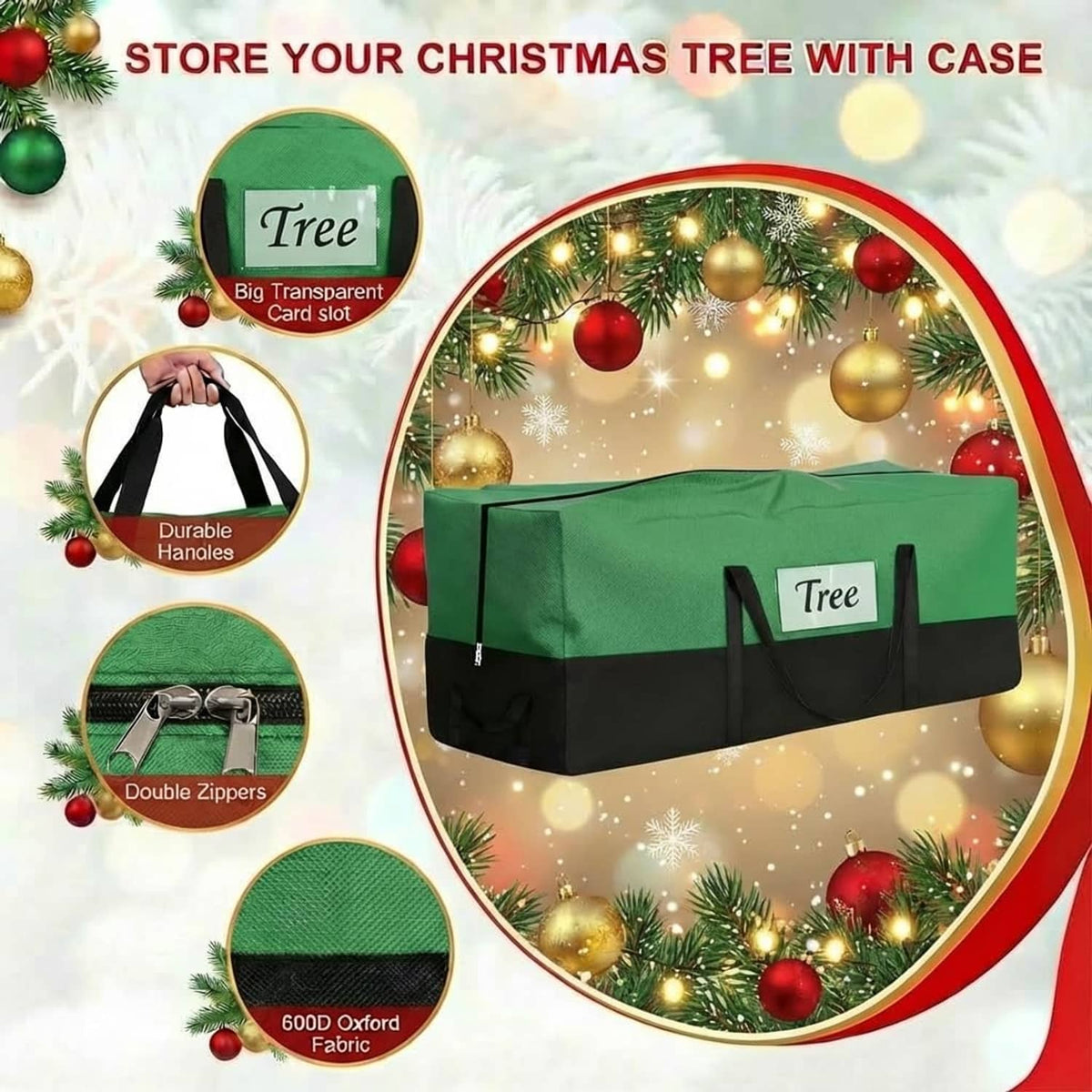 Green Christmas tree storage case with carry handles and double-zipper design