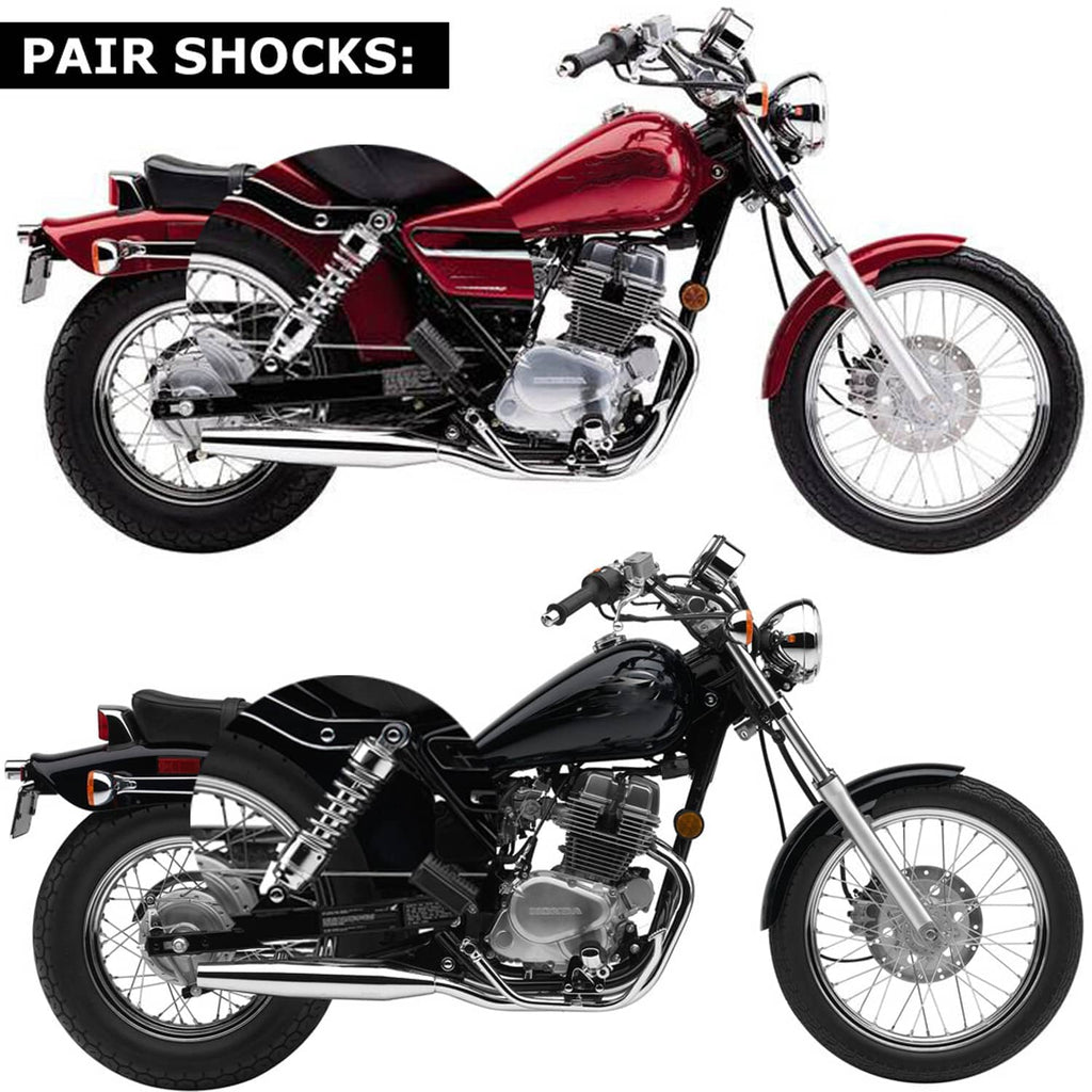 Motorcycles shown with rear shock absorbers installed on the back wheel area