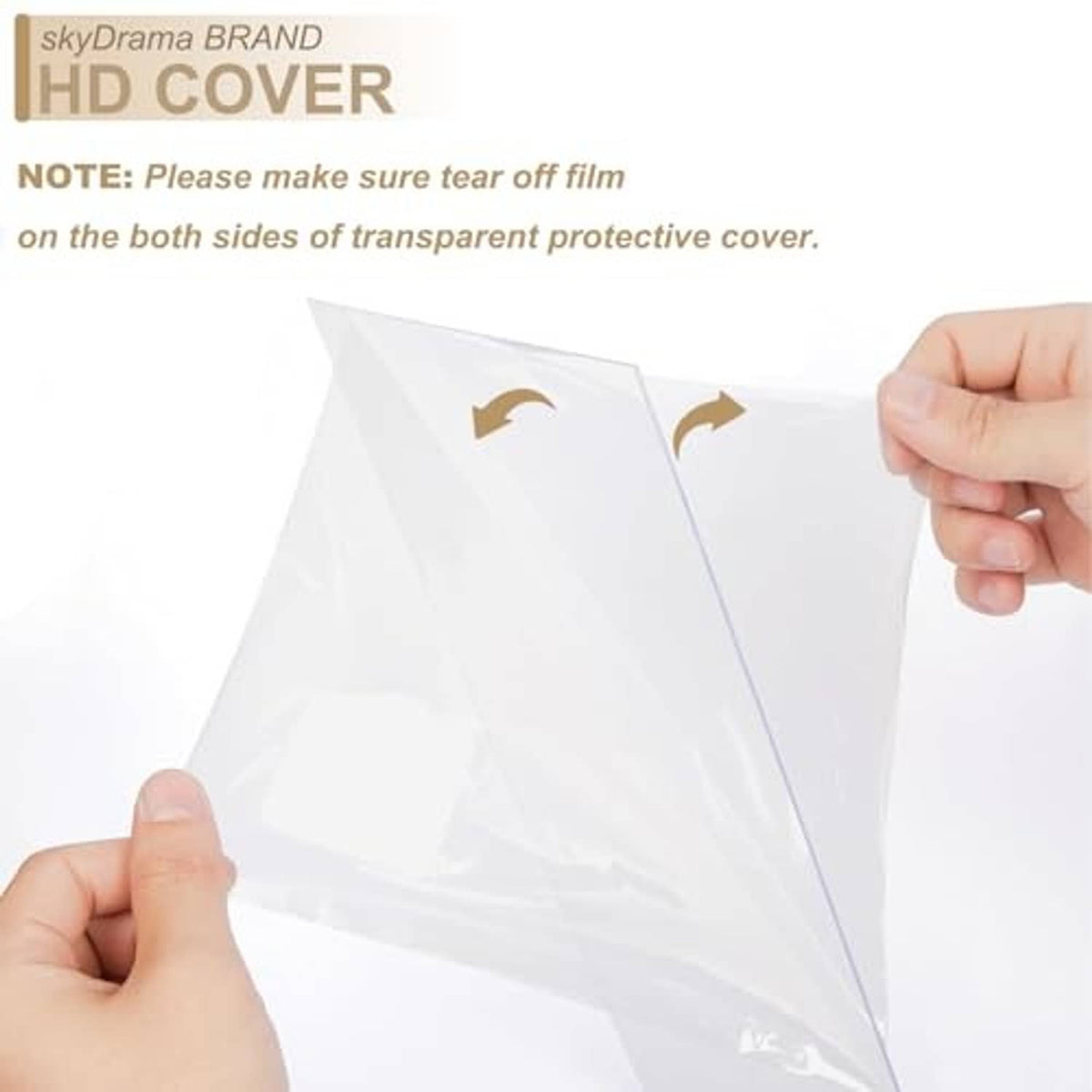 Transparent protective cover film for picture frame, hands removing the sheet