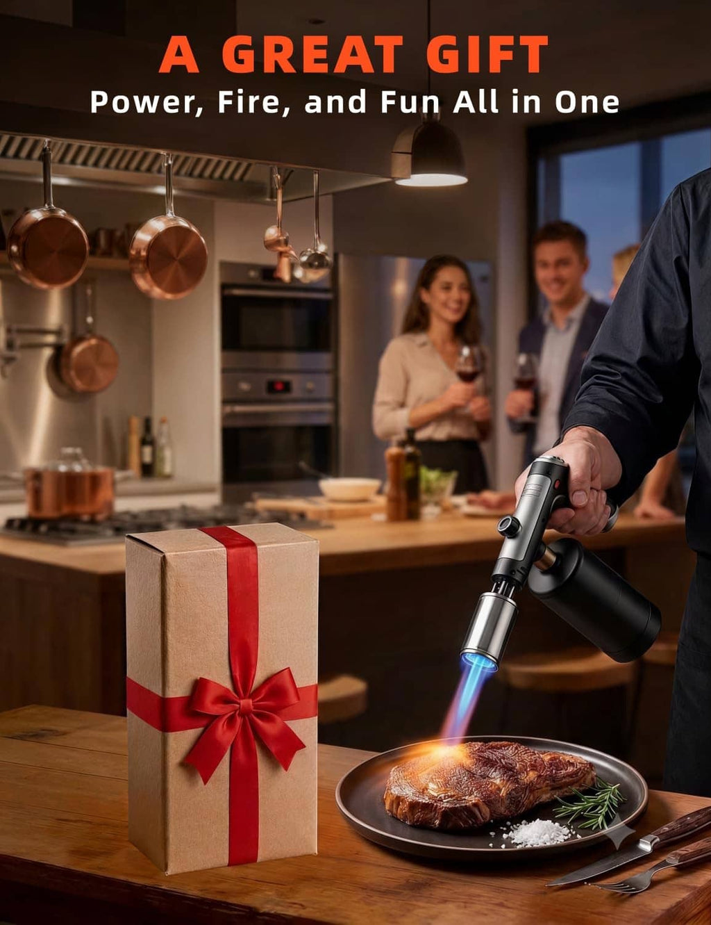 Black propane torch gun held near steak, compact handheld flame tool