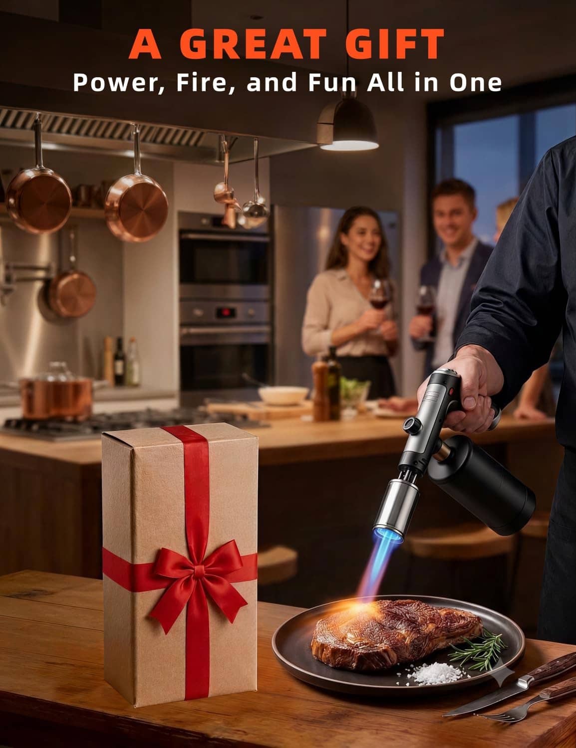 Black propane torch gun held near steak, compact handheld flame tool