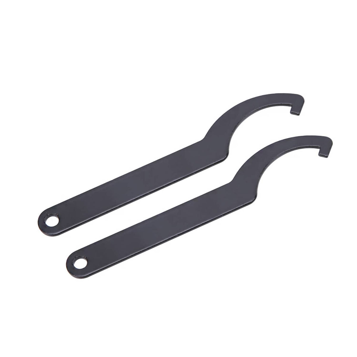 Pair of dark gray C-spanner hook wrenches with mounting holes