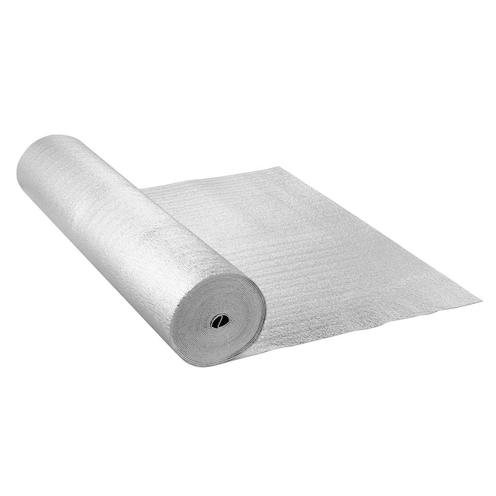 Radiant barrier insulation foam roll, silver-gray reflective sheet unrolled from core