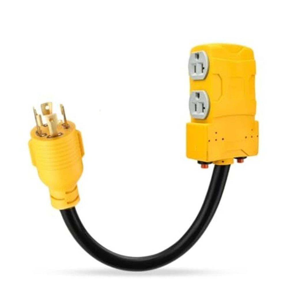 Yellow power adapter with 4-prong plug and two stacked outlets on black cord