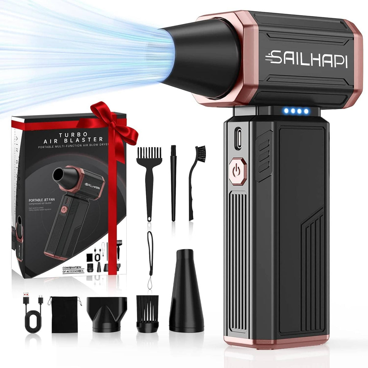 Cordless high-speed air duster with rose trim standing upright and included accessories