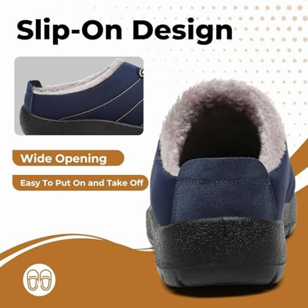 Back view of dark blue slip-on house slippers with white faux-fur lining and heel guard