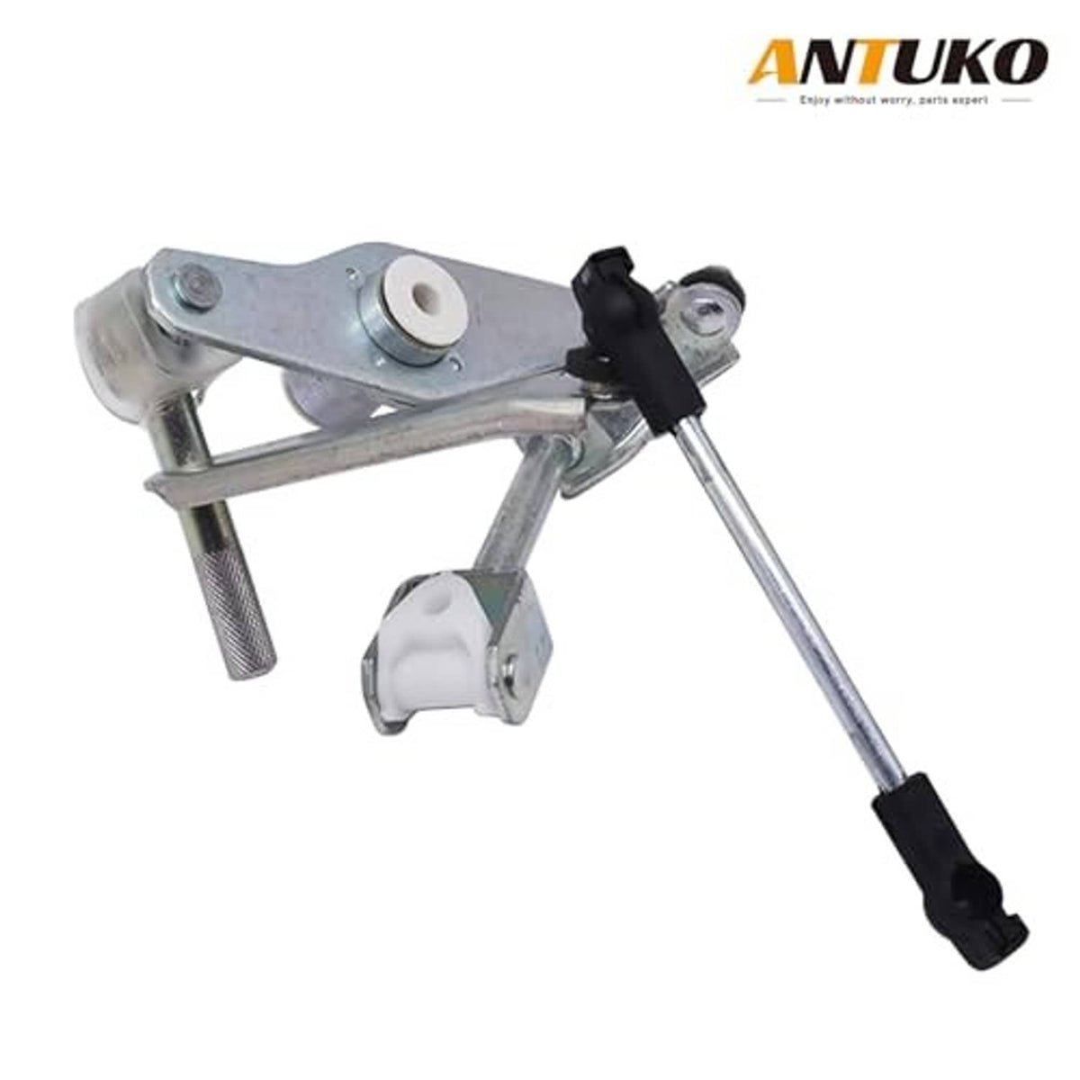 Manual shifter linkage equalizer with metal control arms and black grip rod