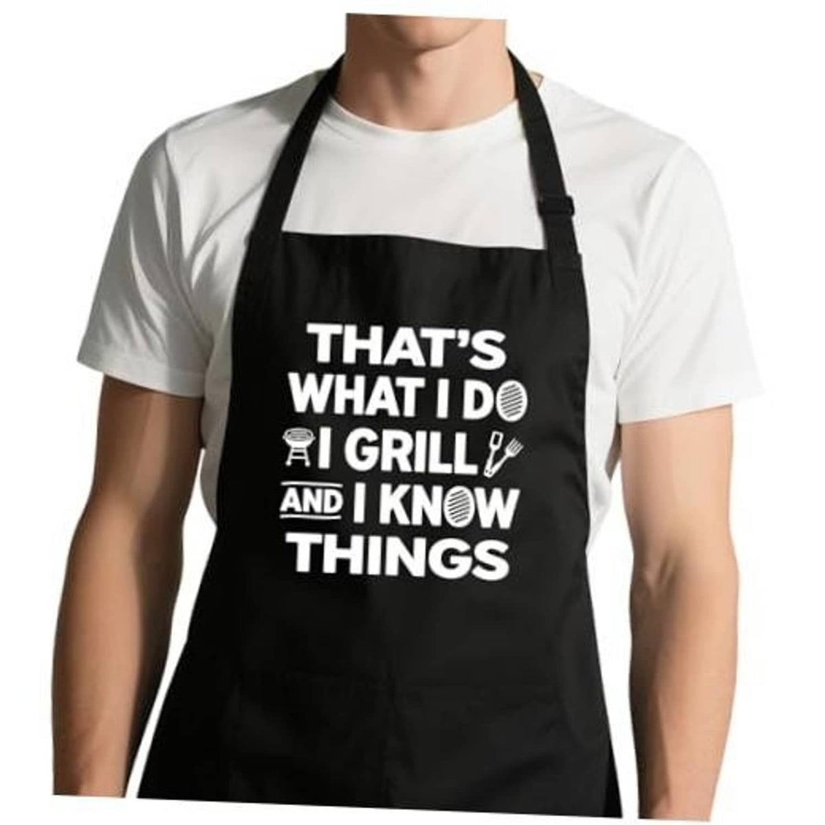 Black grilling apron with white humorous text, adjustable neck strap, 2 front pockets