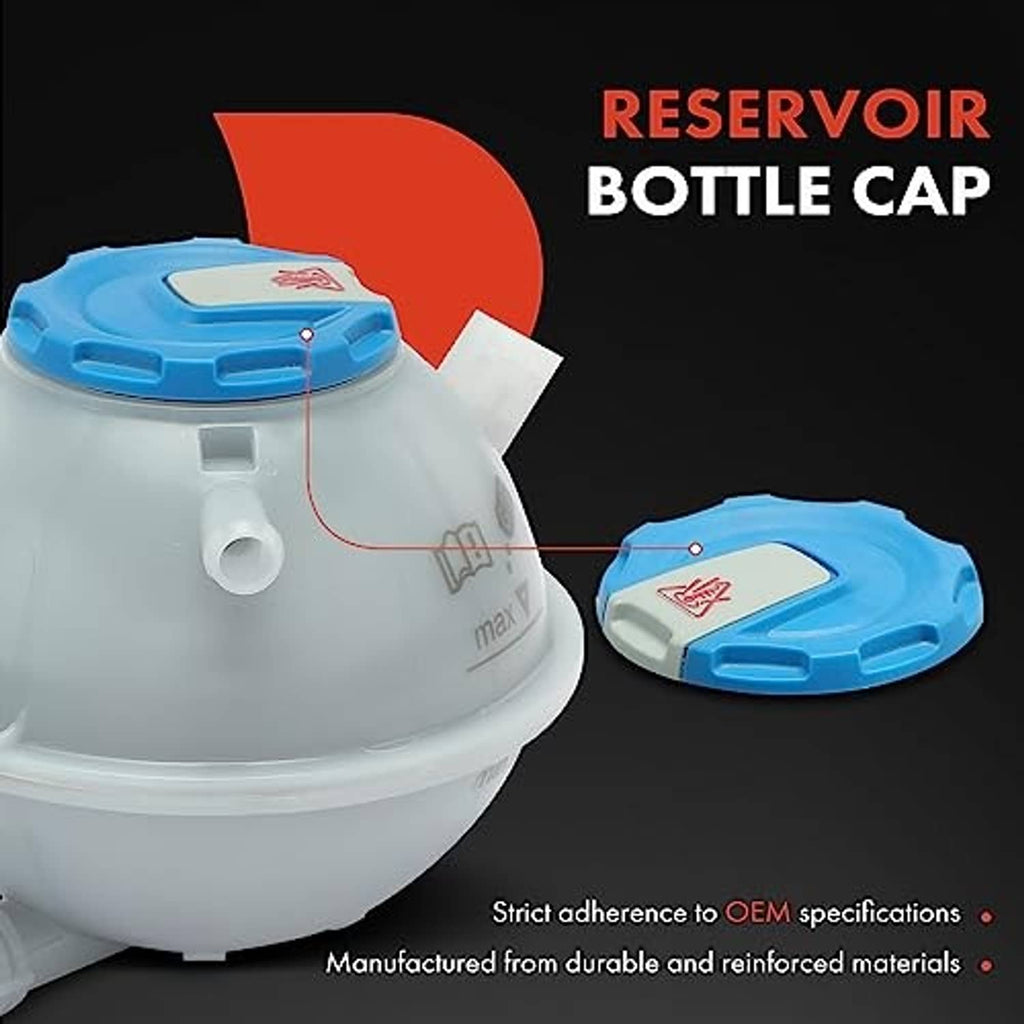 Coolant reservoir bottle cap and tank, labeled diagram with cap on top