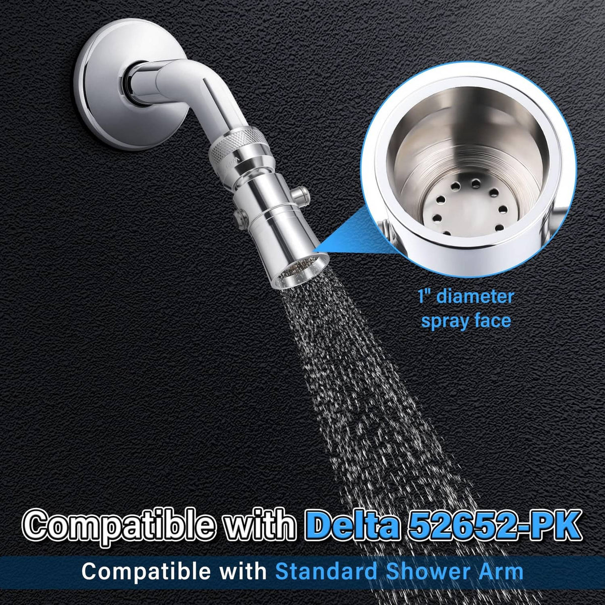 Chrome shower head with 1-inch spray face and built-in shut-off valve