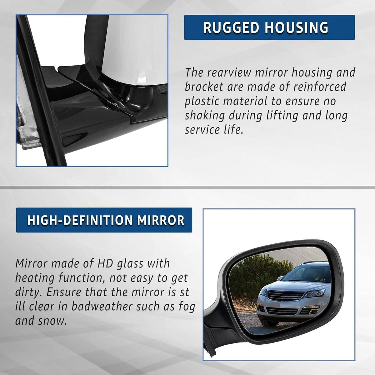 Mirror housing with rugged black bracket and attached side-view mirror glass