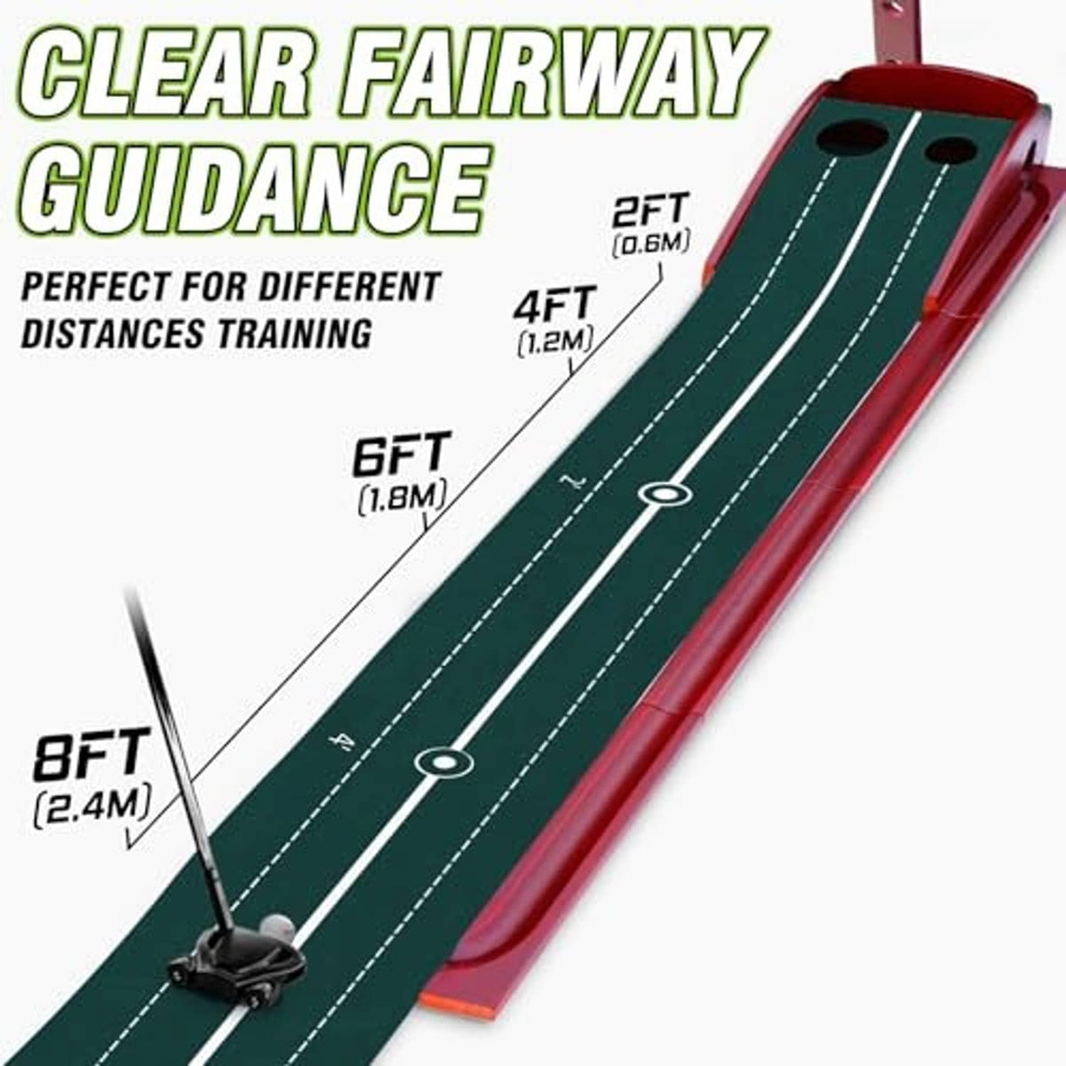 Green indoor putting mat with distance markings on ball lane and red border