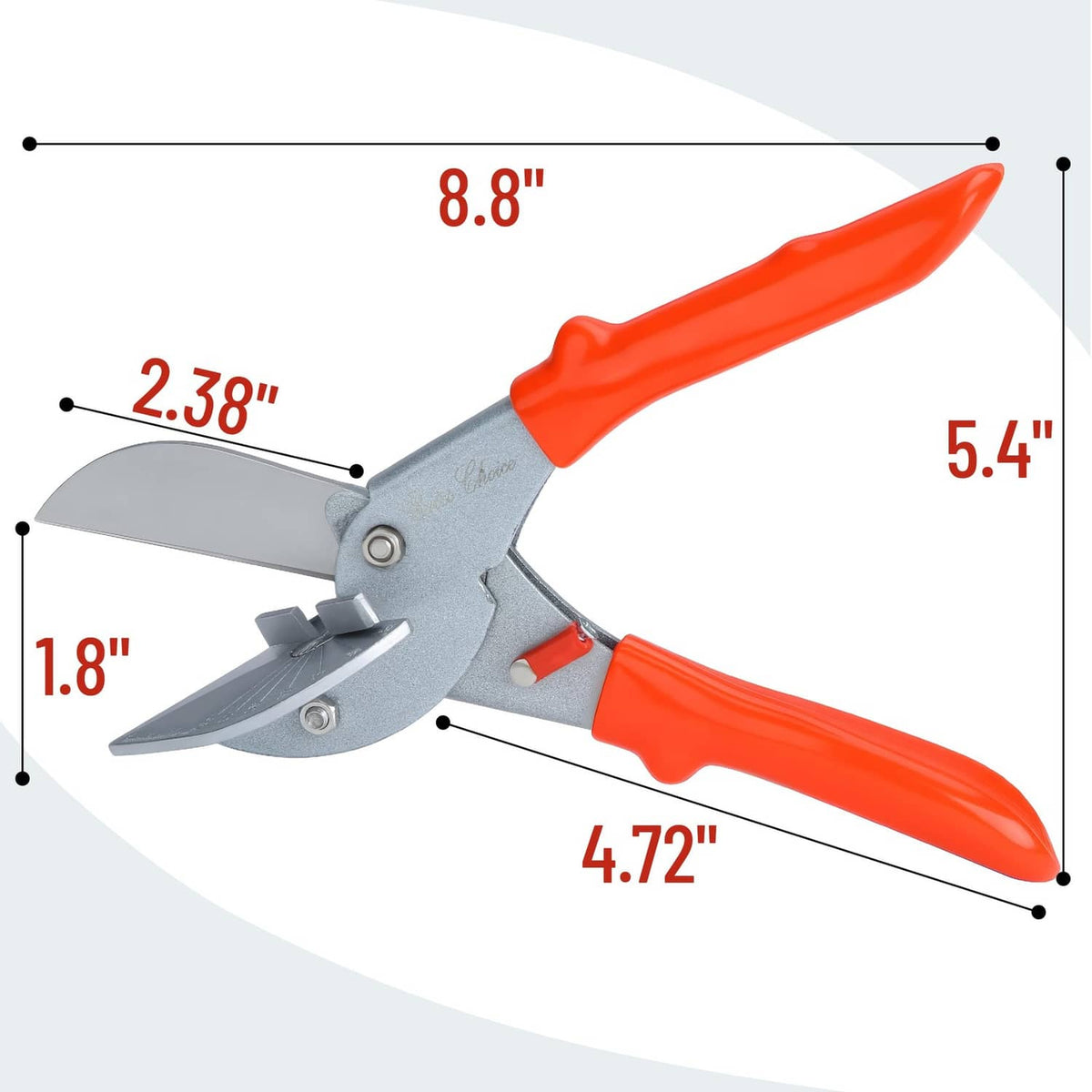 Orange-handled miter angle shears with wide blade and measurement markings