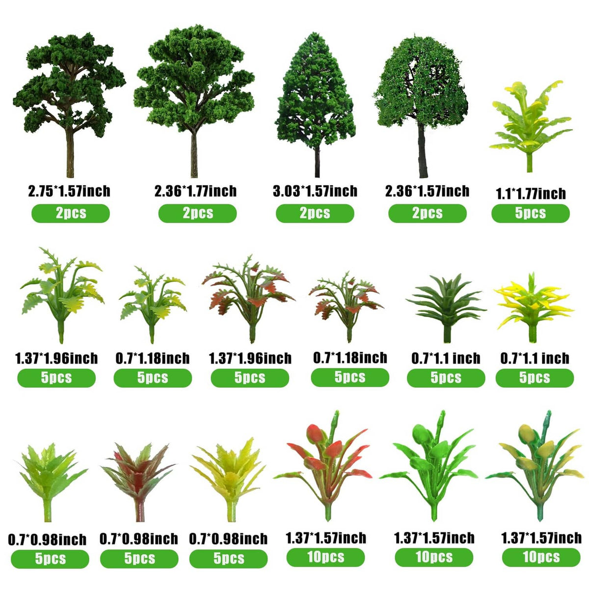 Assorted miniature trees and plants layout with different sizes and piece counts