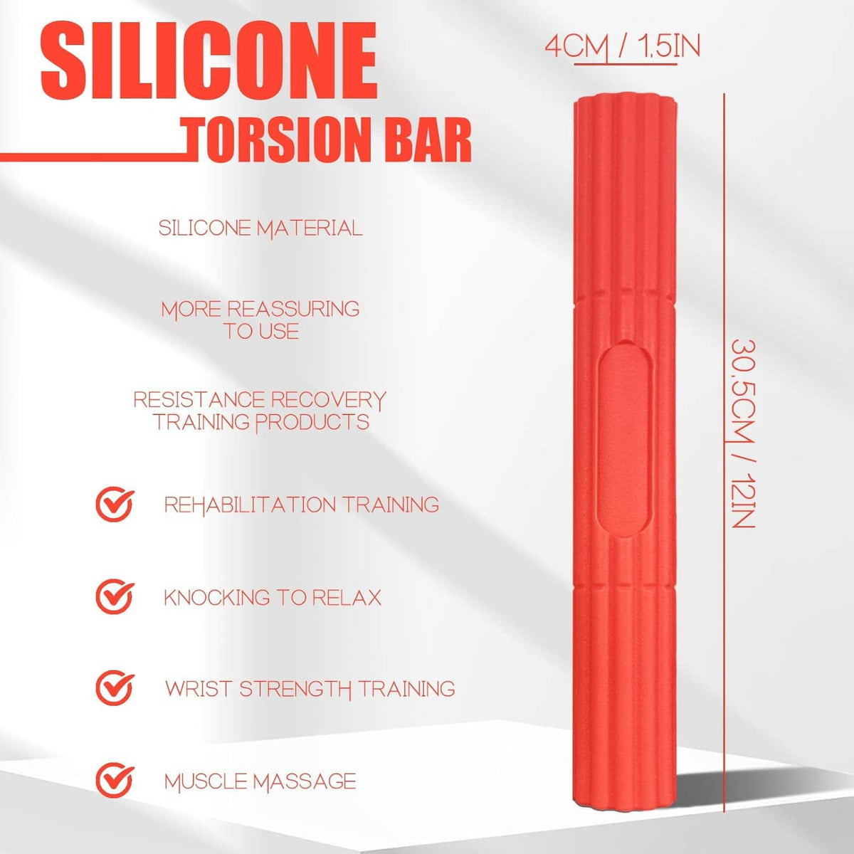 Red silicone torsion bar, ridged texture and central thumb grip