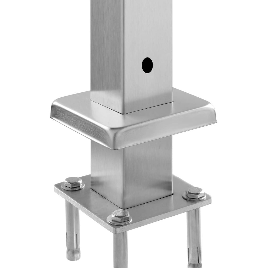 Silver stainless steel base mount for a pre-drilled railing post with bolt holes