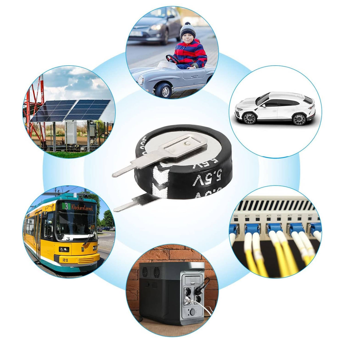 V-shaped button super capacitor shown with product-use circular icons around it