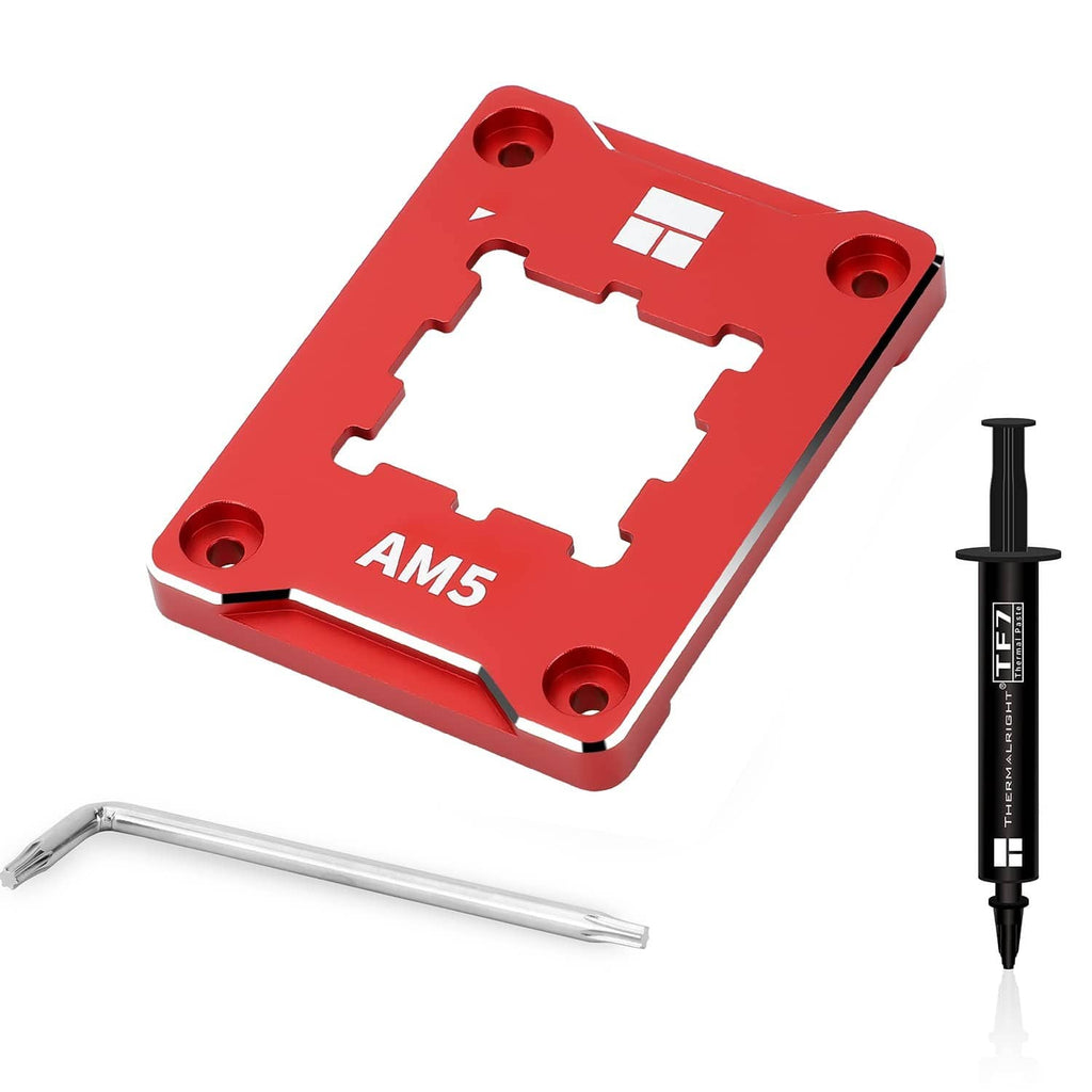 Red AM5 CPU mounting frame holder with central cutout and four corner screw holes