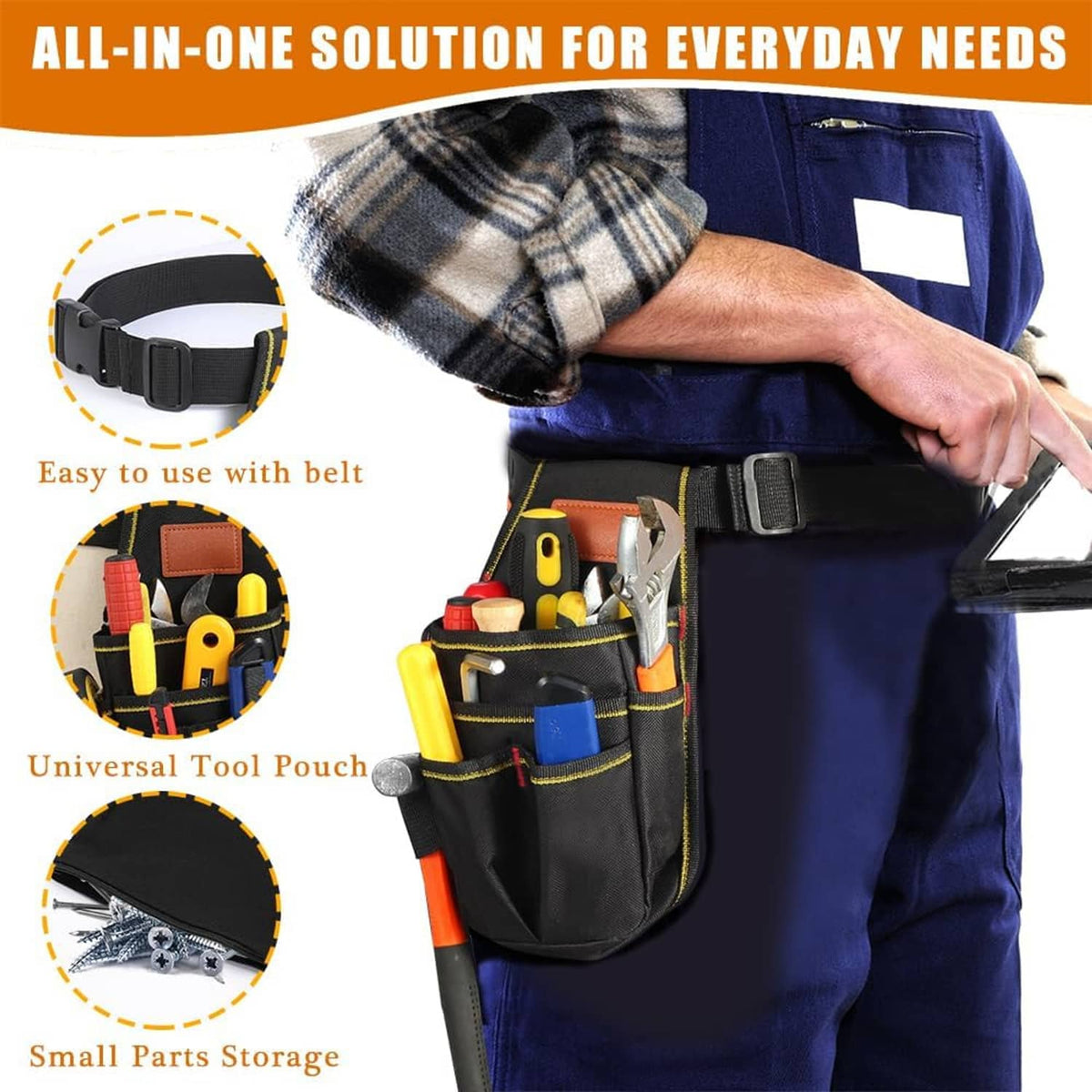 Black tool belt pouch with orange patch, worn at waist and holding small tools.