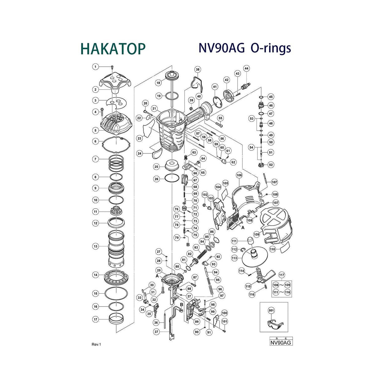 NV90AG O-ring parts diagram sheet for framing nailer, with numbered components